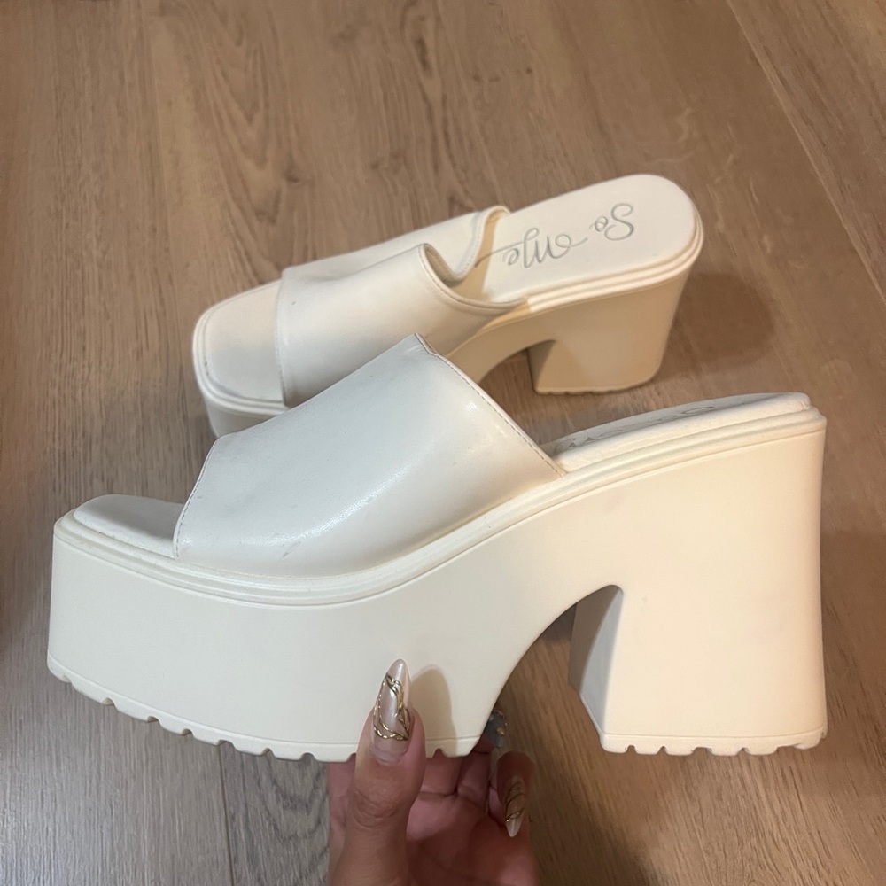 Chunky White Platform Slip On Heels